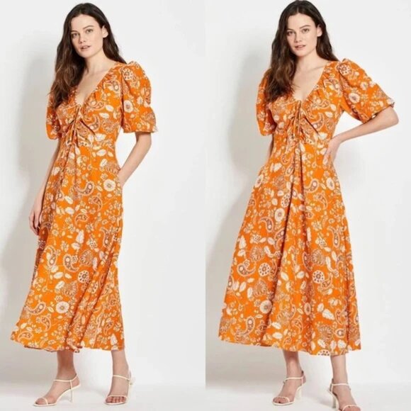 Nicholas Linen Floral Paisley Midi Dress US Size 6 - Picture 1 of 6